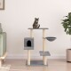 Eine verspielte getigerte Katze sitzt auf einem mehrstöckigen grauen Kratzbaum mit einem gemütlichen Versteck, Kratzsäulen und einer hängenden Schüssel, in einem modernen Wohnzimmer.