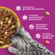 Getigerte Katze frisst Trockenfutter aus einer gelben Schüssel vor violettem Hintergrund mit deutschem gesundheitsbezogenem Text.