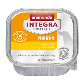 Emballage de nourriture humide pour chien d'Animonda, étiqueté "Integra Protect", avec faible teneur en phosphore, saveur de poulet et indication de régime vétérinaire.