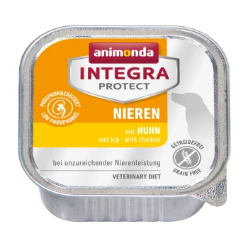 Verpackung für Nassfutter von Animonda, mit der Aufschrift "Integra Protect", mit niedrigem Phosphorgehalt, Hühnergeschmack und einer veterinärmedizinischen Diätanzeige.