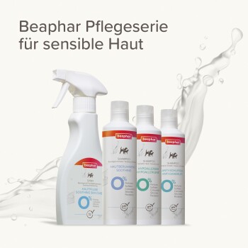 Beaphar Pflegeprodukte für Haustiere mit empfindlicher Haut, einschließlich beruhigendem Spray und Shampoos mit den Bezeichnungen beruhigend, hypoallergen und gegen Schuppen.