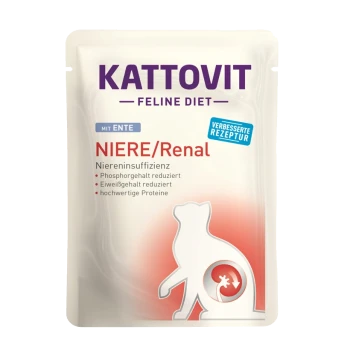 Pâtée Kattovit Feline Diet pour chats atteints de maladies rénales avec du canard, étiquetée "Niere/Renal," mettant en avant des niveaux réduits de phosphore et de protéines.