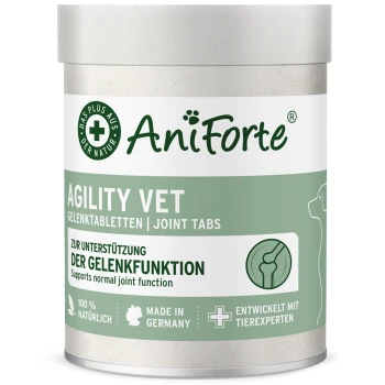 AniForte Agility Vet Gelenktabletten in einem zylindrischen Behälter, beschriftet in Deutsch und Englisch, zur Unterstützung der normalen Gelenkfunktion.