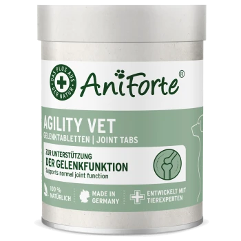 AniForte Agility Vet Gelenktabletten in einem zylindrischen Behälter, beschriftet in Deutsch und Englisch, zur Unterstützung der normalen Gelenkfunktion.