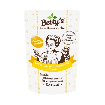 Die Verpackung von Betty's Landhausküche Katzenfutter zeigt einen Koch mit einem Löffel und einer Katze, mit "Huhn pur mit Borretschöl & Taurin."