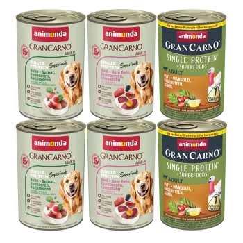 Sechs Dosen Animonda GranCarno Hundefutter mit der Aufschrift "Single Protein Superfoods" und "Adult 1+" sowie einem lächelnden Golden Retriever-Bild