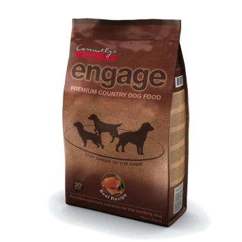 Brown bag of Connolly's Red Mills Engage Premium Country Dog Food featuring silhouettes of dogs, labeled "Beef Recipe" and "20% protein."