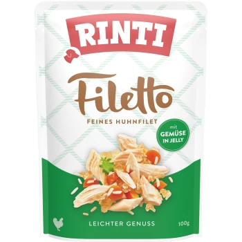 Pochette de nourriture pour animaux Rinti Filetto présentant un filet de poulet fin avec des légumes dans de la gelée, étiquetée "Leichter Genuss" et "100g."
