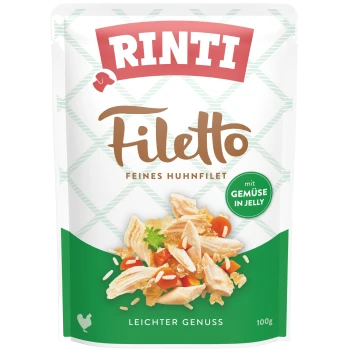 Rinti Filetto hondenvoerzak met fijne kipfilet met groenten in gelei, gelabeld 'Leichter Genuss' en '100g.'