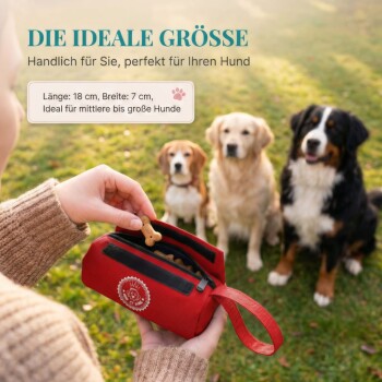 Eine Person hält einen roten Leckerli-Beutel, der mit Hundefutter gefüllt ist, während ein neugieriger Hund zu ihnen aufblickt. Der Text lautet: 'Geeignet für Nass- und Trockenfutter.'