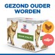 Hill's Science Plan Senior Vitality Katzenfutterverpackung mit einem Katzenbild, mit Symbolen für Huhn und Fisch und dem Text "Gezond Ouder Worden."