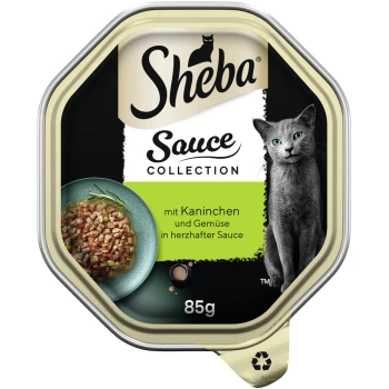 Sheba Sauce Collection Katzenfutterverpackung mit einer grauen Katze, mit einer Schüssel mit gewürfeltem Kaninchen und Gemüse in Sauce, 85g.