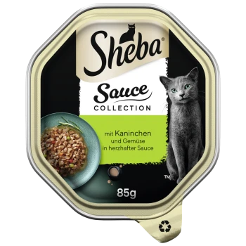Sheba Sauce Collection Katzenfutterverpackung mit einer grauen Katze, mit einer Schüssel mit gewürfeltem Kaninchen und Gemüse in Sauce, 85g.
