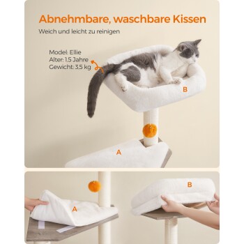 Eine grau-weiße Katze namens Ellie ruht auf einem weichen, abnehmbaren Kissen oben auf einem Katzenbaum. Der Text hebt die waschbare Eigenschaft des Kissens hervor.