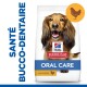 Sac de nourriture pour chien Hill's Science Plan Oral Care avec une image de chien, avec un texte en français indiquant 'Santé Buccodentaire' et 'avec du poulet.'