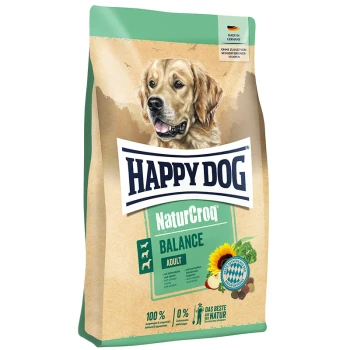 Sac de nourriture pour chiens avec un golden retriever sur le devant, étiqueté "Happy Dog NaturCroq Balance Adult," avec un design vert et beige.