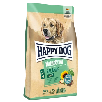 Hundefutterbeutel mit einem Golden Retriever auf der Vorderseite, beschriftet mit 'Happy Dog NaturCroq Balance Adult', mit einem grünen und beigen Design.