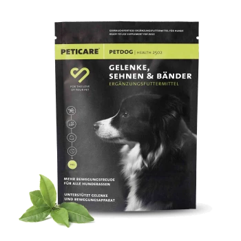 Schwarz-weiße Hundefutterverpackung mit der Aufschrift "PETICARE PETDOG HEALTH 2502", mit dem Profil eines Hundes und Ansprüchen auf Gelenkunterstützung.