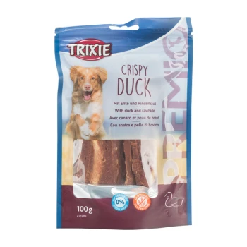 Premio Crispy Duck 2x100g Trixie Crispy Duck Hundeleckerlipackung, mit einem Hundebild, mit Text in mehreren Sprachen, der "Crispy Duck" und Zutaten angibt. 100g Größe.