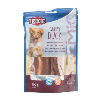 Trixie Crispy Duck Hundeleckerlipackung, mit einem Hundebild, mit Text in mehreren Sprachen, der "Crispy Duck" und Zutaten angibt. 100g Größe.