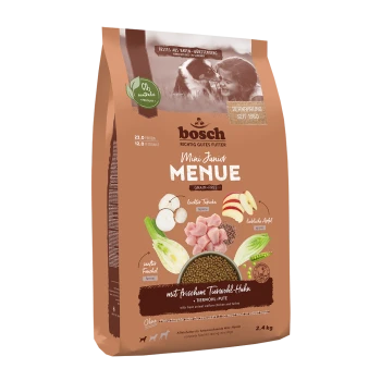 Bosch Mini Junior Menué getreidefreies Hundefutter in einer 2,4 kg Tüte, mit frischem Huhn und Truthahn, sowie Zutaten wie Tapioka, Fenchel und Äpfeln.