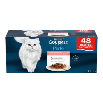 Purina Gourmet Perle Katzenfutterpackung mit weißer langhaariger Katze, Teller mit Nassfutter und rotem Hinweis '48 Beutel/Sachets'