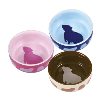Drei Haustierschalen in Pink, Blau und Braun, jede mit einer Silhouette eines Hundes darin.