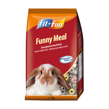 Torba z karmą dla królików miniaturowych 'Funny Meal' od fit+fun, z uroczym królikiem na przodzie, z wyróżnionym napisem 'Vitamin Power.'