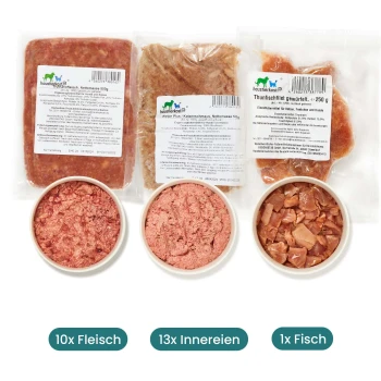 Pakete mit rohem Haustierfutter, die 10x Fleisch, 13x Innereien und 1x Fisch enthalten, mit sichtbaren Etiketten, die den Inhalt und die Nährwertinformationen detailliert beschreiben.