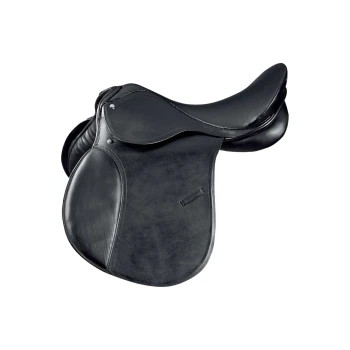 Vielseitigkeitssattel 15 IN Schwarzer Ledersattel für Pferde mit glatter Oberfläche und gepolsterter Sitzfläche, vor einem weißen Hintergrund präsentiert.