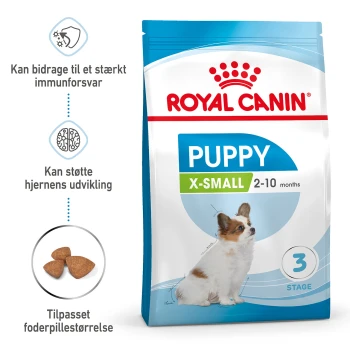 Royal Canin Puppy X-Small Hundefutterbeutel für Welpen im Alter von 2-10 Monaten, mit einer Illustration eines kleinen Hundes und Nährwertvorteilen.