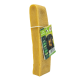 Ein Hundekau-Stick mit einer strukturierten Oberfläche, gelb gefärbt, an einem grünen Etikett mit dem Bild eines Rottweilers und Produktdetails befestigt.