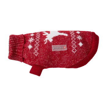 Roter Strick-Hundesweater mit weißem Rentier-/Schneeflockenmuster, geripptem Hals- und Beinabschluss, Label mit der Aufschrift 'WOLTERS'.