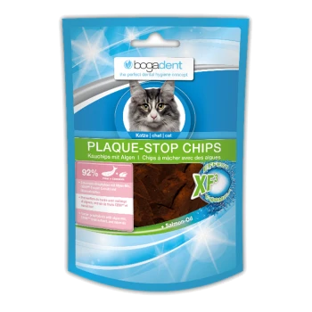 Produit d'hygiène dentaire pour chat, "Plaque-Stop Chips," avec une image de chat, contenant des détails sur les ingrédients et les avantages, incluant 92% de poisson et de poulet.