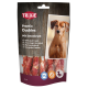 Packung von TRIXIE Premio Duckies Hundeleckerlis mit Entenbrust, mit einem Holz-Hintergrund und Symbolen, die 0% Zuckerzusatz und glutenfrei anzeigen.