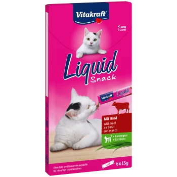 Emballage de Vitakraft Liquid Snack avec un chat blanc, avec un texte indiquant 'Mit Rind' (avec du boeuf) et 'Sans colorants ni conservateurs.'