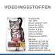 Verpakking van kattenvoer met een grijze tabby kat, gelabeld "Hill's Science Plan Hairball Indoor," met voedingsinformatie en ingrediënten vermeld.