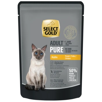 Select Gold Adult Pure Katzenfutterbeutel mit Hühnergeschmack, getreidefrei, ohne Zuckerzusatz oder Soja, für Katzen über 1 Jahr.