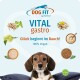 DOG FIT VITAL gastro-Verpackung: Schriftzug „Glück beginnt im Bauch! 100% Vegan“, Hunde-Foto und Icons für pflanzliche Inhaltsstoffe
