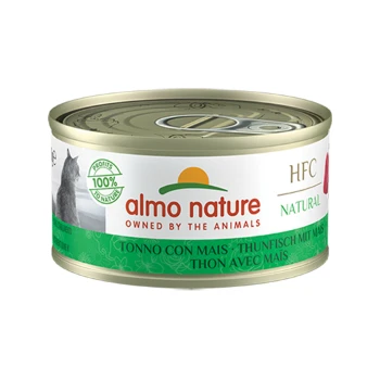 Natural 24x70g Thunfisch mit Mais Almo Nature HFC Naturkatzenfutterdose, die Thunfisch mit Mais enthält, beschriftet mit '100% im Besitz der Tiere' in grün-weißer Gestaltung.