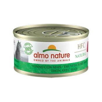 Almo Nature HFC Naturkatzenfutterdose, die Thunfisch mit Mais enthält, beschriftet mit '100% im Besitz der Tiere' in grün-weißer Gestaltung.