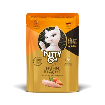Kitty Cat getreidefreier Katzenfutterbeutel mit Huhn und Lachs, Filet in Pastete, hergestellt in Deutschland, extra Taurin.