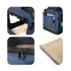 Blauer Haustierträger mit Netzfenstern, ausgestattet mit einer kleinen Tasche und einem faltbaren Design für einfache Lagerung.