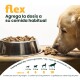 Eine Metall-Hundenapf mit Trockenfutter auf Holz, beschriftet mit "flex" und "Agrega la dosis a su comida habitual," mit einer Leckerli-Tabelle für Hunde von 6-25 kg.