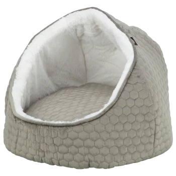 Lit pour animaux gris confortable avec un motif hexagonal et un revêtement doux blanc, présentant un design en forme de grotte pour que les animaux s'y blottissent.
