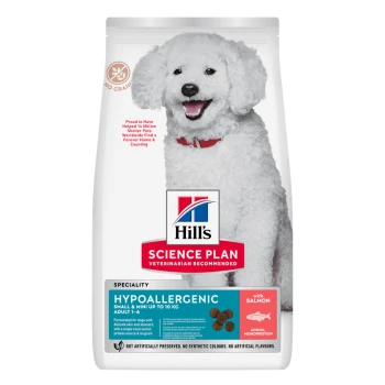 Beutel Hill's Science Plan hypoallergenes Hundefutter mit Lachs, zeigt einen lächelnden weißen Pudel und ein 'Getreidefrei'-Siegel