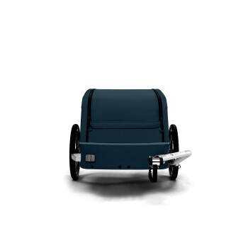 Ein dunkelblauer Haustierträger mit einem Reißverschluss oben und zwei Rädern, entworfen für den einfachen Transport von Haustieren.