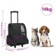 Eine schwarze Haustiertrage mit Abmessungen, ausziehbarem Griff, Netzseiten, einem flauschigen Kätzchen und einem Beagle. Maximalgewicht: 10 kg.