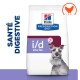 Sac de nourriture pour chien faible en gras Hill's Prescription Diet i/d présentant un schnauzer, avec le texte "Santé Digestive" à gauche.