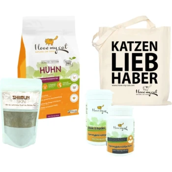 Katzenprodukte: 'Ich liebe meine Katze' Trockenfutter, 'Shimun Skin' Paket, 'Vitality' und 'Katzen & Knochen' Gläser, plus eine 'KATZEN LIEB HABER' Tasche.